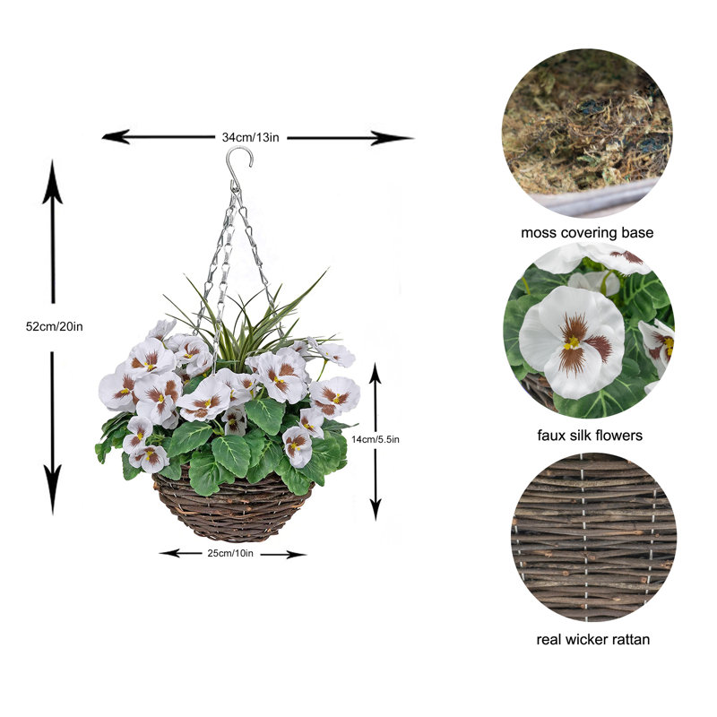 GreenBrokers 2 x Artificial Purple & White Pansy Rattan Hanging Baskets (52cm/20in), White