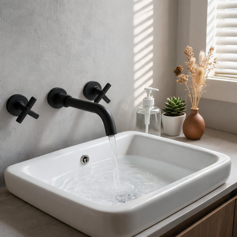 Robinet de lavabo de salle de bain mural en laiton massif noir mat avec deux poignées en croix
