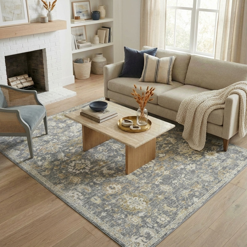 Tapis d'intérieur floral Plumerra Farmhouse, Blue