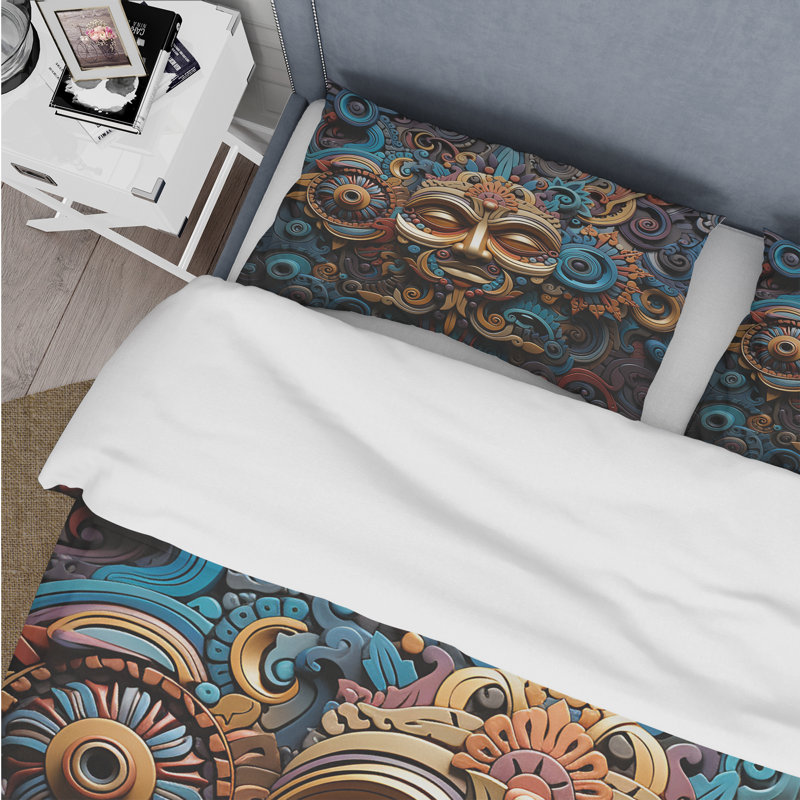 Teal Gold Mexico Vibrant Aztec Mask I - Ensemble de housse de couette Paysages - Microfibre de polyester