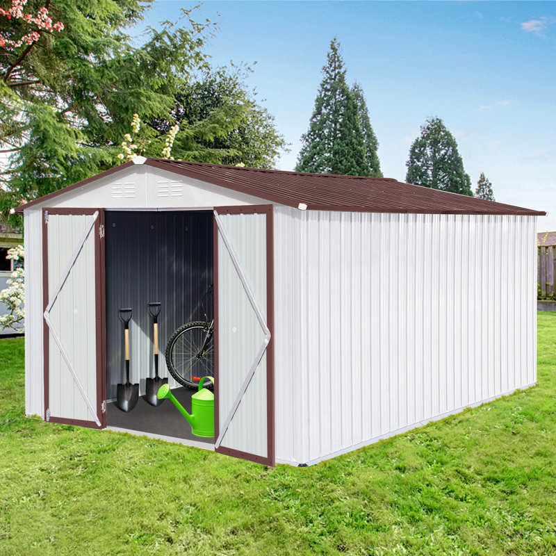 Metal Garden Sheds 10Ftx12ft Outdoor Storage Sheds White, White/Brown