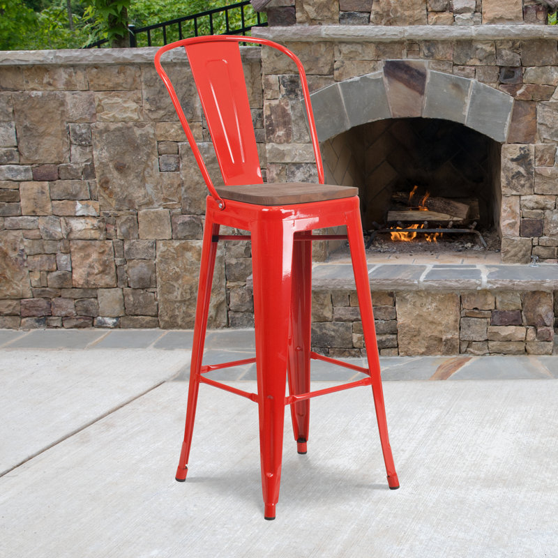 Tabouret de bar ou de comptoir en métal Marian avec dossier et siège en bois Marian, Rouge, 1