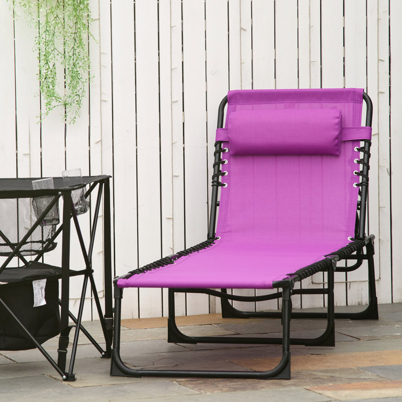 Outdoor Foldable Patio Lounge With 4 - Position Reclining, Breathable Mesh And Purple Color For Poolside Sun Tanning Chaise Bungee Seat, Pillow
