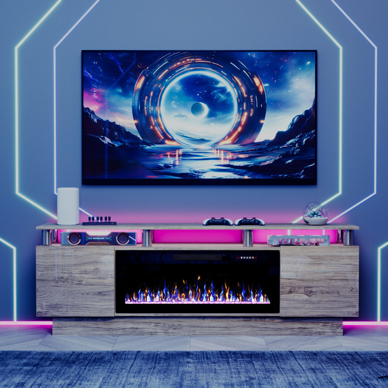 Alazik TV Stand with Electric Fireplace, Gray/Silver, Black, 24”H x 14”L x 70”W