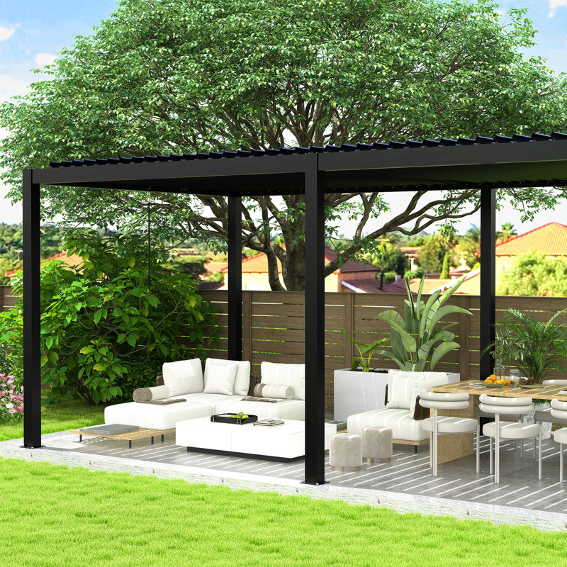 10x19ft Louvered Pergola 8640e, Aluminum Frame, Galvanized Steel , Control Sun And Rainfall, Easy Setup, Black Finish Powder-coated Structure, Outdoor Intensity,