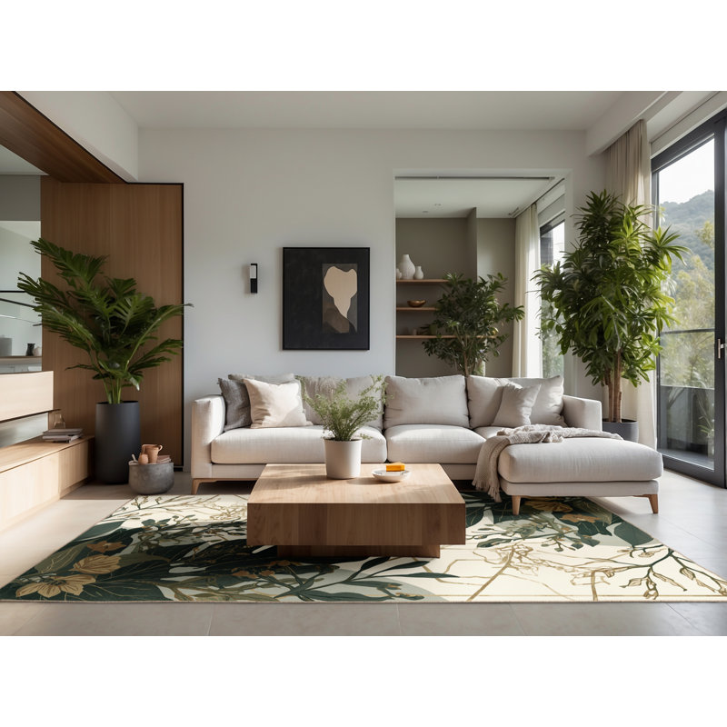 Soft Plush Dahill Garden Floral Area Rug in Beige – Beige Binding, 7' Square