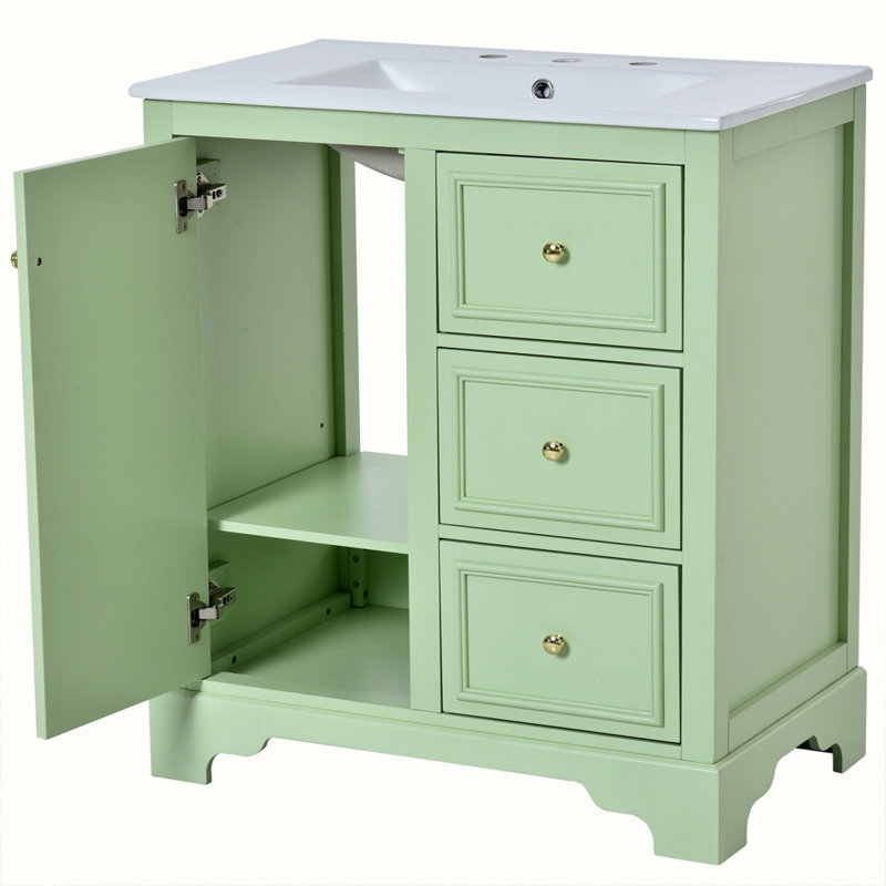 meuble-lavabo de salle de bain avec lavabo en céramique, 3 tiroirs et tablettes réglables, Vert, Doré