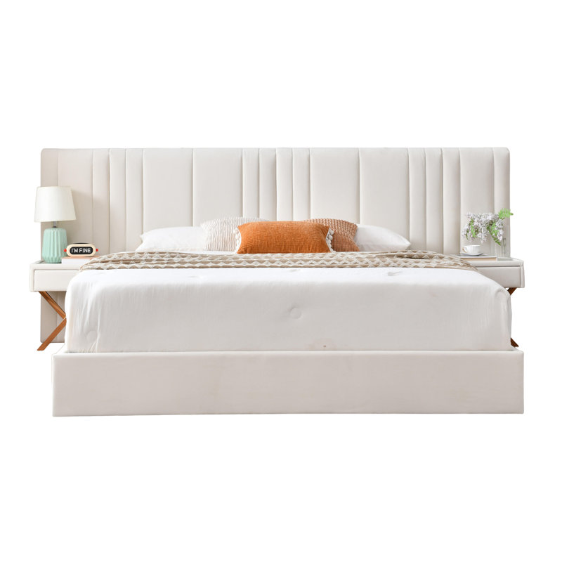 Wide Velvet Upholstered Gas Lift Storage Bed with Integrated Nightstands, Cream, King