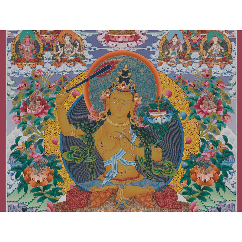 Art mural Manjushri Thangka - divinité bouddhiste tibétaine peinte à la main, toile sans brocart avec or 24 carats, illumination et méditation