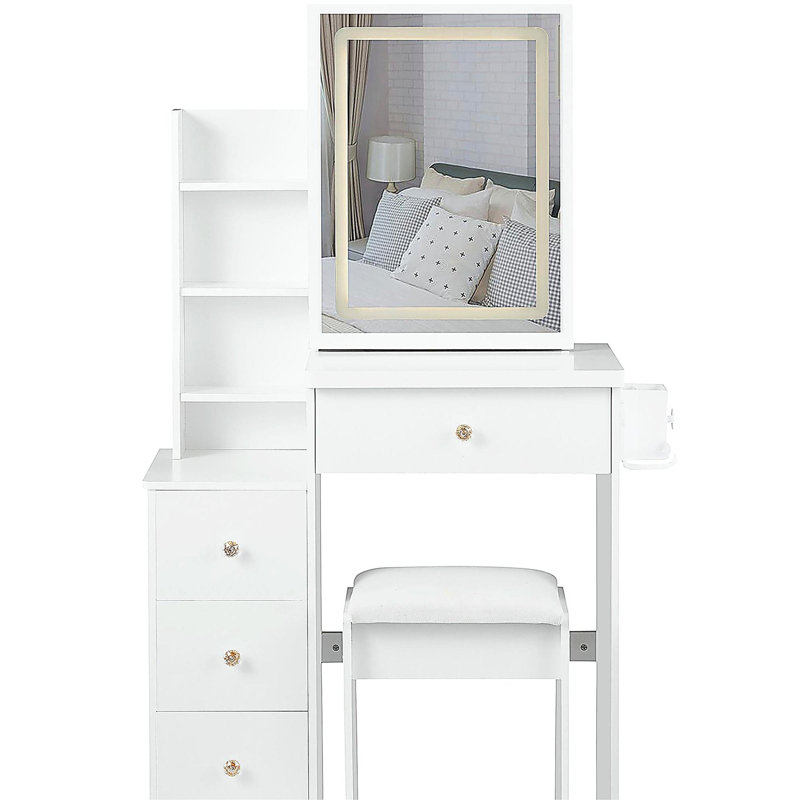 Petite coiffeuse 29,2 po avec tabouret de chevet gauche + tabouret rembourré, 2 blocs d'alimentation CA + 2 ports USB, support pour séchoir à cheveux, très grand miroir à DEL coulissant à commande tactile, changement de luminosité tricolore, réglage de la luminosité