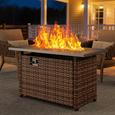 Rectangular Gas Fire Pit Table, PE Wicker with Lid, Glass Stone Top, 50,000 BTU Adjustable Outdoor Heater