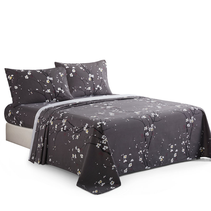 Marina Decoration 600 Thread Count Home Bedding Bedroom Soft Bedsheet Deep Pocket Hotel Standard Percale All Season 4 Pieces Printed Cotton Sheet Set, Plum Blossom Floral Grey Pattern King Size