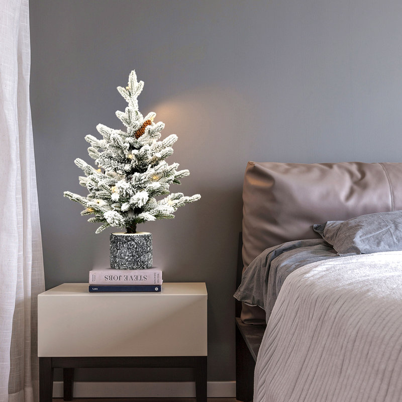 Arbre de Noël floqué avec base en pot, lumières à DEL blanc chaud, pointes, branches Pe + Pvc avec pommes de pin - petit arbre de vacances pré-éclairé pour la table, entrée