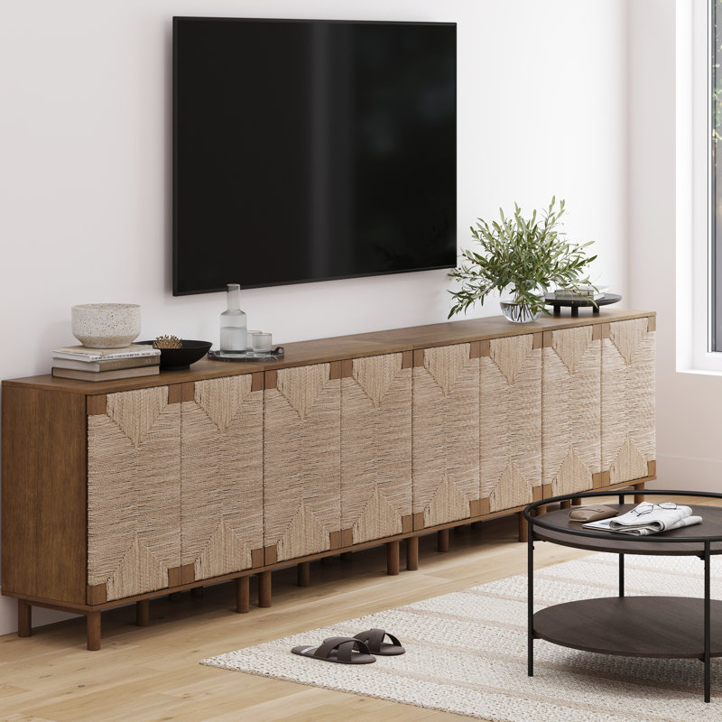 Debets Solid Wood Accent Cabinet Set with Seagrass Doors, Dark Brown