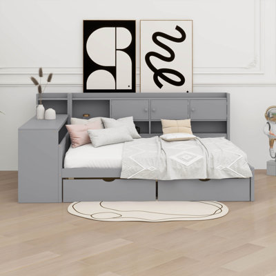 Wooden L-Shape Daybed With Cabinets & Drawers, Multi-Functional Study Desk & Built-In Bookshelf by Latitude Run