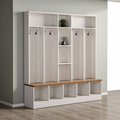 Wide Design Hall Tree With Storage Bench, Minimalist Shoe Cabinet With Cube Storage & Shelves, Multifunctional Coat Rack With 8 Hooks For Entryways, Mudroom, White
