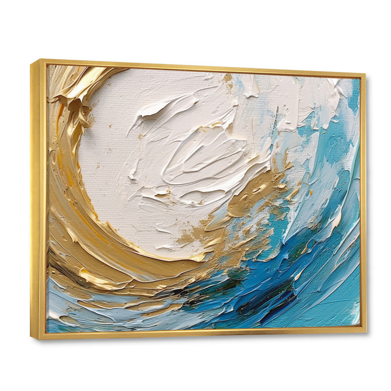 Or et nébuleuse spirale turquoise - art abstrait spirales, H 34 po x l 44 po x P 1,5 po, Cadre flottant doré