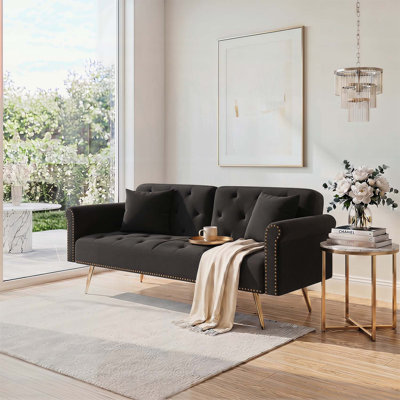 69.7 Inch Ultra-Soft Black Velvet Convertible Sofa Bed with Nailhead Trim and Matching Throw Pillow for Comfort and Style