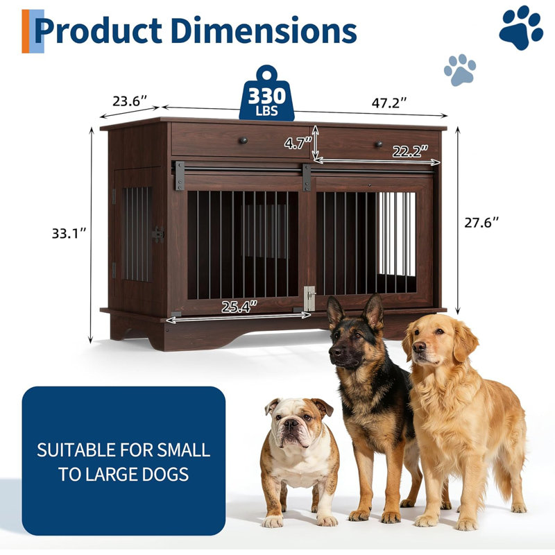 Meuble pour chien 47 po, 2 tiroirs de rangement et cloison amovible 47 po, Brun