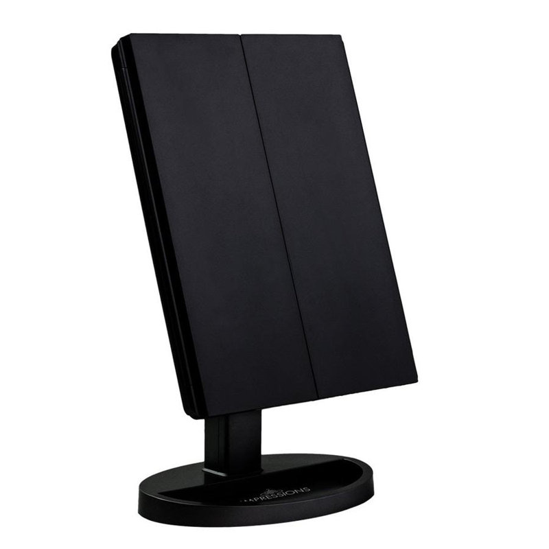 Touch Trifold XL Dimmable LED Makeup Mirror with Standing Base Vanity Dressing Mirror with USB Cable, Black