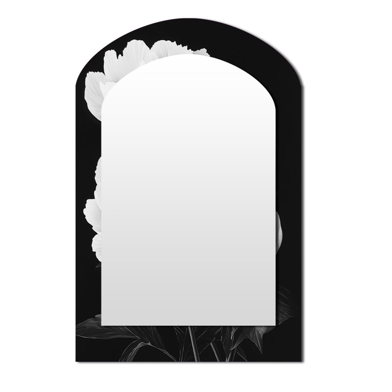 Monocrhome Peonies With Dark Veins III - Peonies Asymmetrical Unique Wall Mirror Decor, White Arch Large Mirror, Printed Metal Art