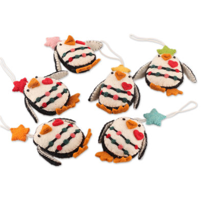 Handmade Penguin Cheers Wool Felt Ornaments (Set Of 6)