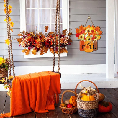 Panneau de porte en bois « Bonjour l’automne » – Décoration suspendue en forme de feuille d’érable style ferme pour l’Action de grâce
