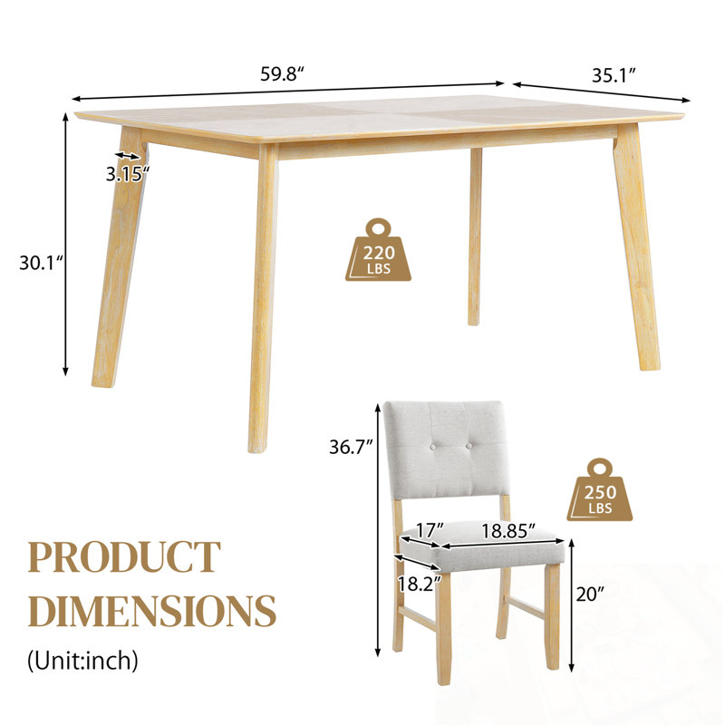 Chaffins 5 pièces avec table rectangulaire et 4 chaises, Bois naturel délavé