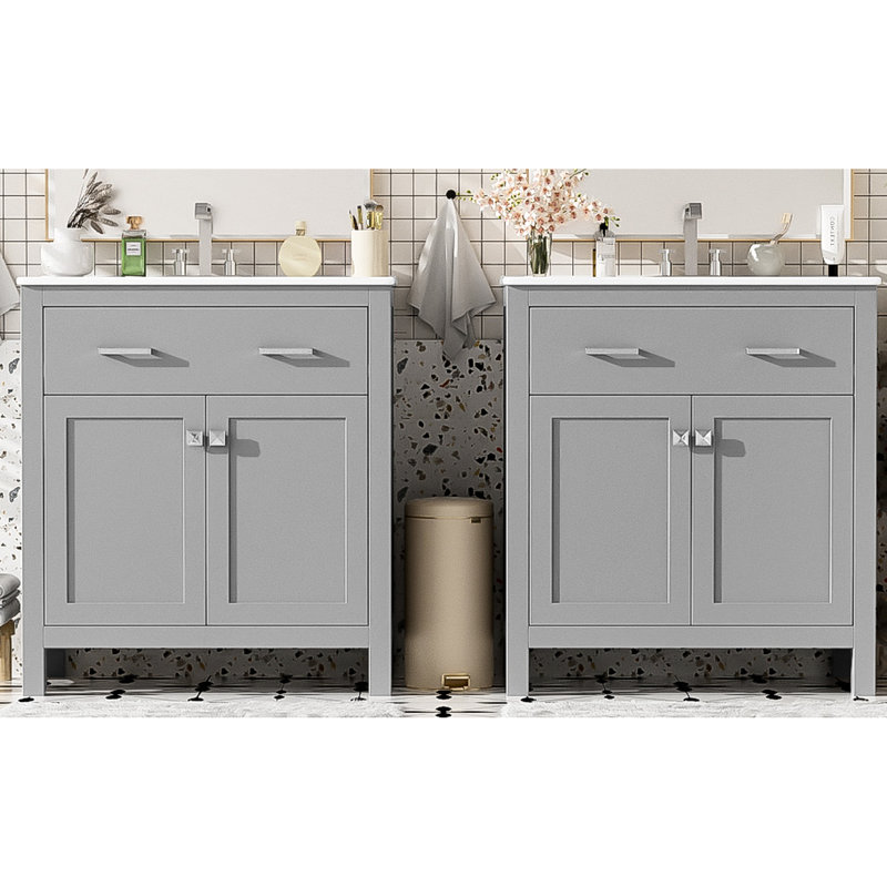 Double Sink Bathroom Vanity In Modern Gray Finish, With Drawer And Adjustable Shelf - Chic Fixture 60" Ceramic Sinks, Soft Close Feature Sophisticated Element