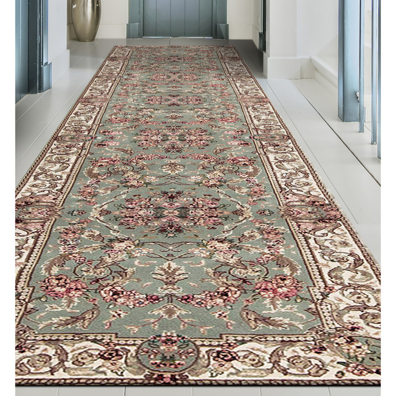 Hand-Knotted High-Quality Light Green and Cream Runner
