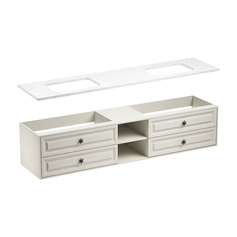 Meuble-lavabo mural flottant avec comptoir, 4 tiroirs et 2 tablettes, sans lavabo, kaki