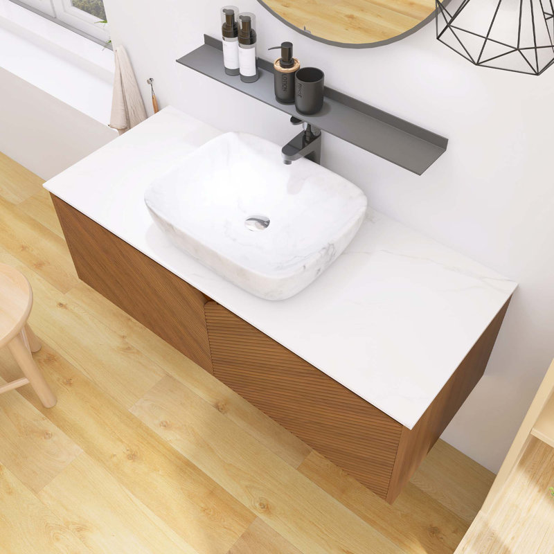 Meuble-lavabo mural en contreplaqué avec vasque, portes doubles en sergé avec garniture en métal, Orange, Blanc