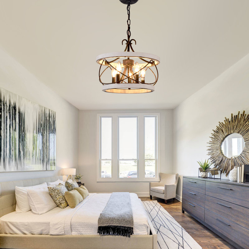 Lustre tambour en bois massif à 5 lumières Reback avec détails en métal, H 15,7 po x l 15,7 po x P 15,7 po, Blanc patiné