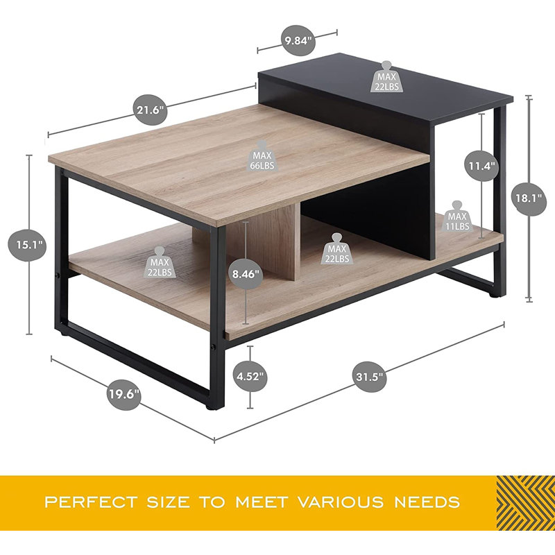 Coffee Table, 18.1" H x 31.5"L x 19.6"W, Oak/Black, Oak