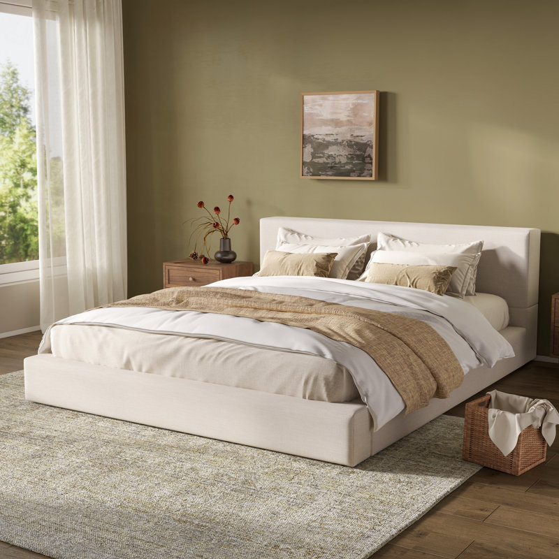King Size Upholstered Platform Bed With Thick Linen Headboard And Footboard, Beige, No Box Spring Needed