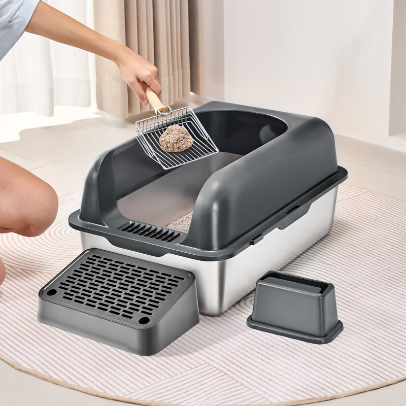 Extra Large Dark Gray Stainless Steel Covered Cat Litter Box with Scoop