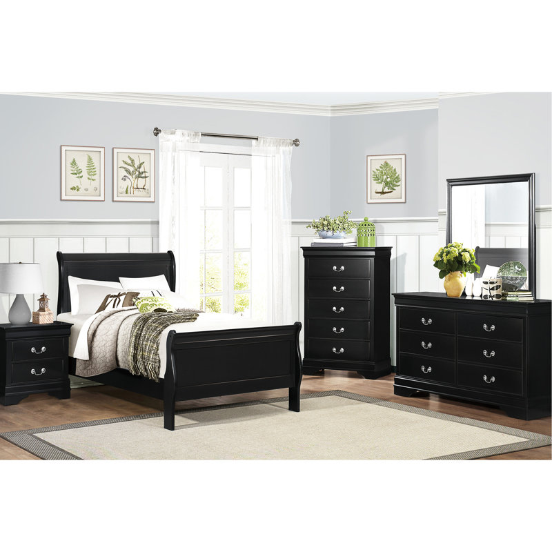 Lit simple avec finition noire de style traditionnel, construction en bois, tête de lit et rails inclus, sommier tapissier nécessaire, finition, rails, requis