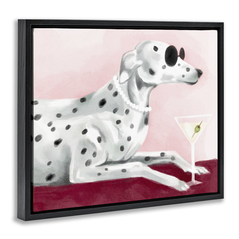 «Dog with Martini», toile encadrée flottante grise par Daphne Polselli, Cadre flottant noir de jais, H 17 po x l 21 po