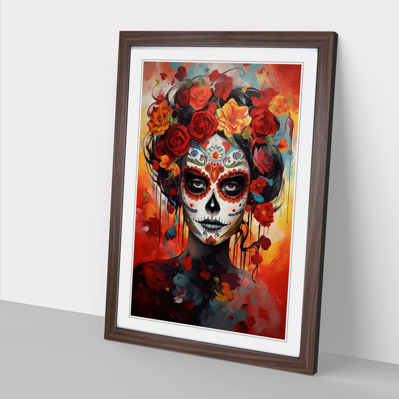 Sugar Skull Modern No.2 - Framed Print, 46cm H x 34cm W x 2cm D, Walnut