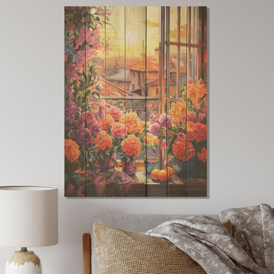Sunset Florals Windows View In Italy II - fenêtre florale sur bois