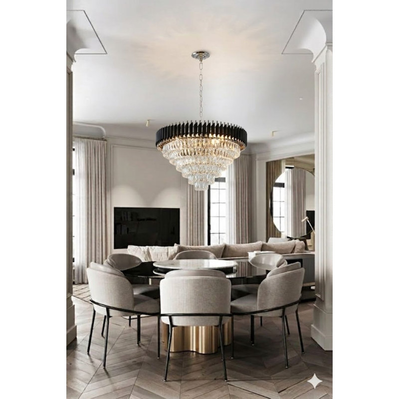 Lustre 16 lumières chromé et noir avec cristaux transparents