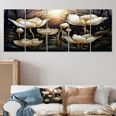 Élégantes tulipes blanches glamour dans la nuit - Art mural sur toile 5 pièces