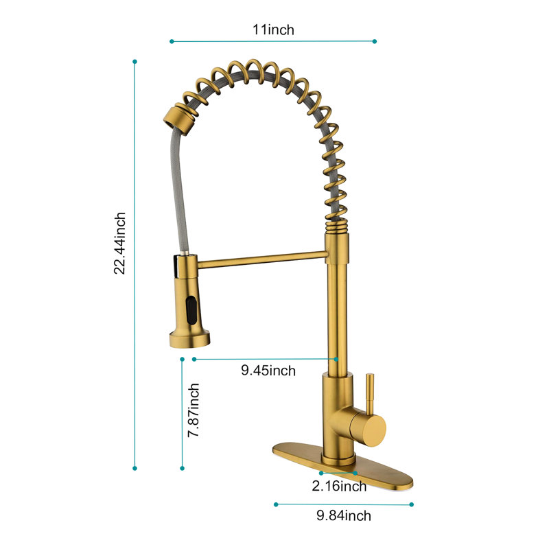 Pull Down Spring Loaded Kitchen Faucet In Brushed Gold, Stainless Steel, 360 Rotating Nozzle, Dual Water Output Settings For Various Purposes Gold Pull-Down Faucet, Stream And Spray Options, Easy