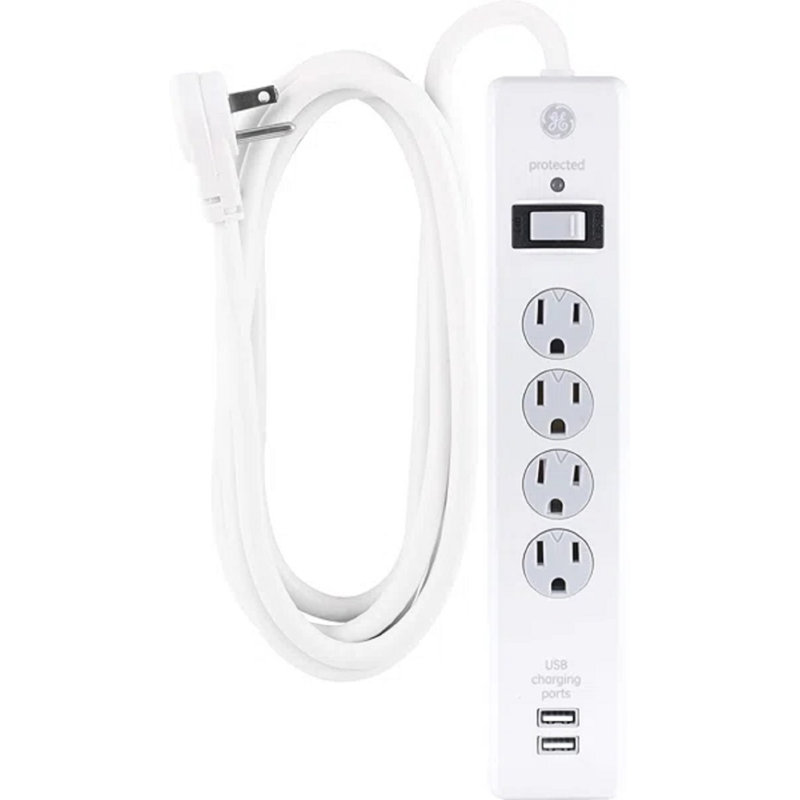 GE 8-ft 4-Outlet 2-USB-A 800J, White, 25798