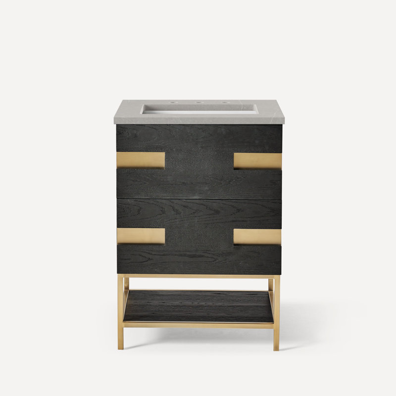 Meuble-lavabo gris naturel 24 po avec plateau en quartz, Serena éternel, Noir mat