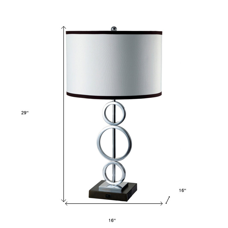 29" Silver Metal Bedside Geo Table Lamp With White and Black Trim Classic Drum Shade, 29" H x 16" W x 16" D