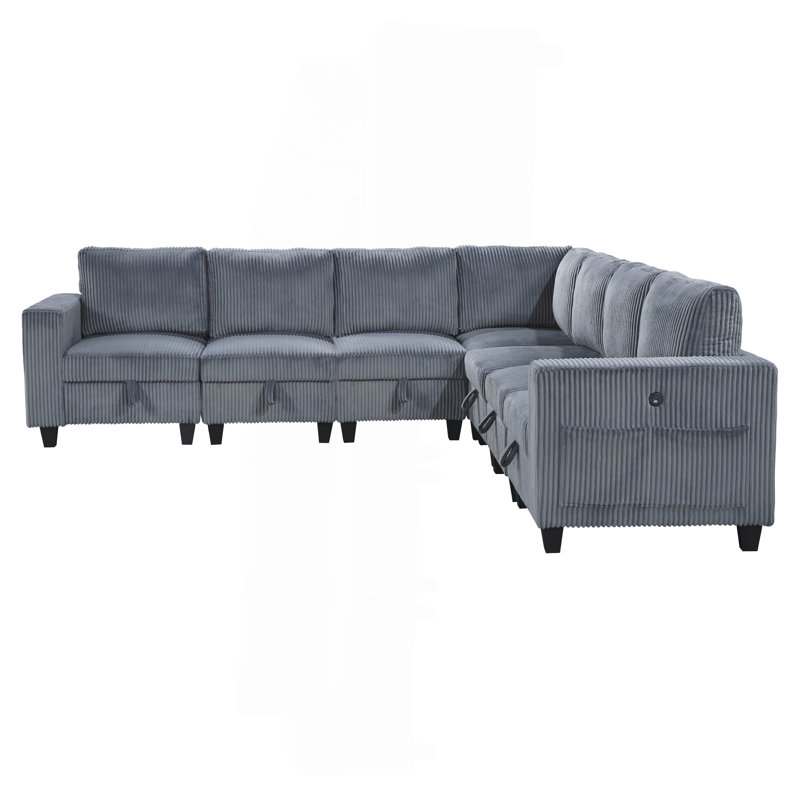 7-Piece Modular Sectional With Storage Seats, Dark Gray Corduroy