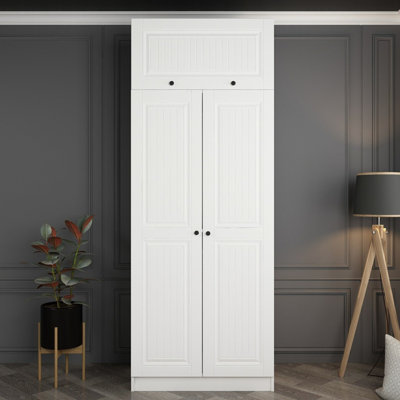 Elegant White Wardrobe, 90 x 93.3 x 20.5 inches | 100% Melamine Coated Particle Board, Thickness: 0.7 inches | Traditional Solid Color Design, Perfect for Organizing Clothes & Accessories in Style