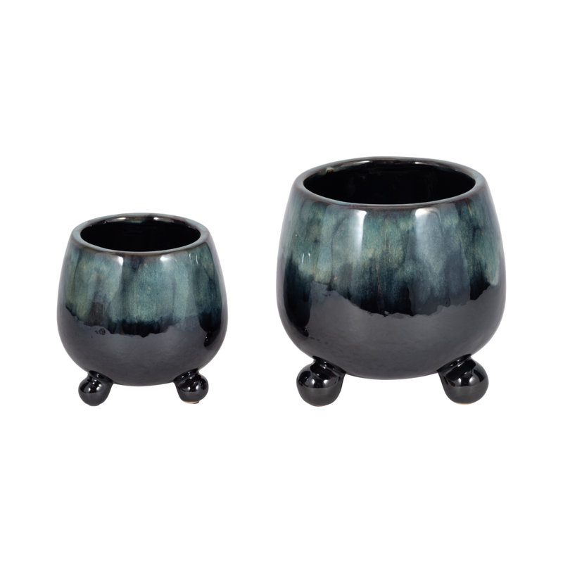 Ereka Stoneware and Ceramic Footed Round Planters with Triple Ball Base Design Set of 2, Blue