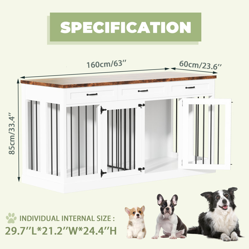 63'' Large Double Dog Crate Kennel Furniture with Divider and 3 Drawers for 2 Medium Animals Indoor, White